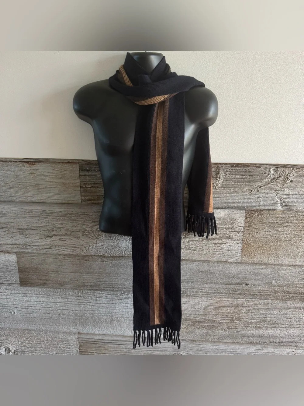 Title  Banana Republic 100% Fine Merino Wool Striped Scarf Black Brown Camel Fri